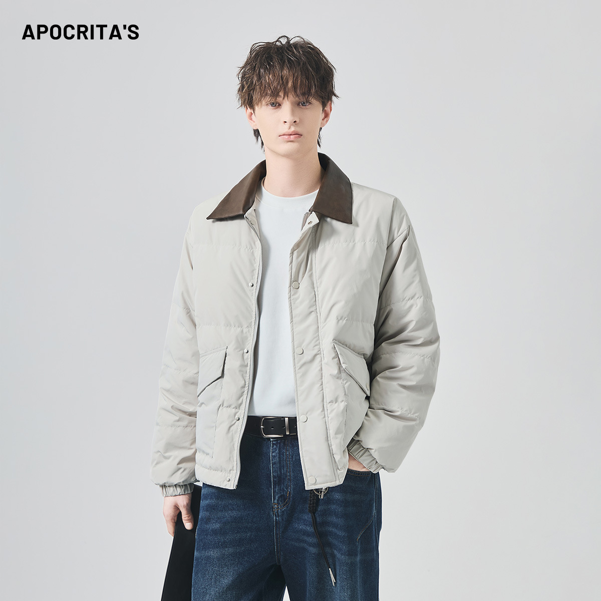 Apo Men's Clothing | Cross-Border Men's Lightweight White Duck down Jacket Winter Warm Loose Contrast Color Pu Collar Jacket