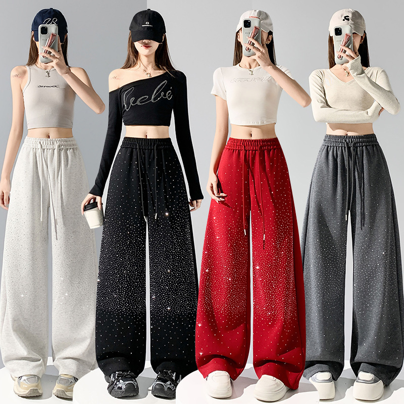 Real Shot of Rhinestone-Studded Starry Sky Sports Sweatpants for Women, 2026 Spring New High-Waisted Straight Loose Wide-Leg Pants