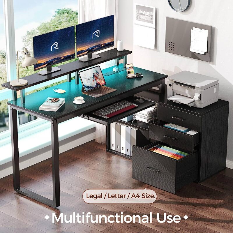 Home Office Desk with Monitor Stand and Keyboard Tray Corner Learning Writing Table with Power Socket Led Light