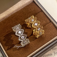 Vintage中古拉丝菱格镂空调金镶钻指环 意大利布契风蕾丝花边戒指