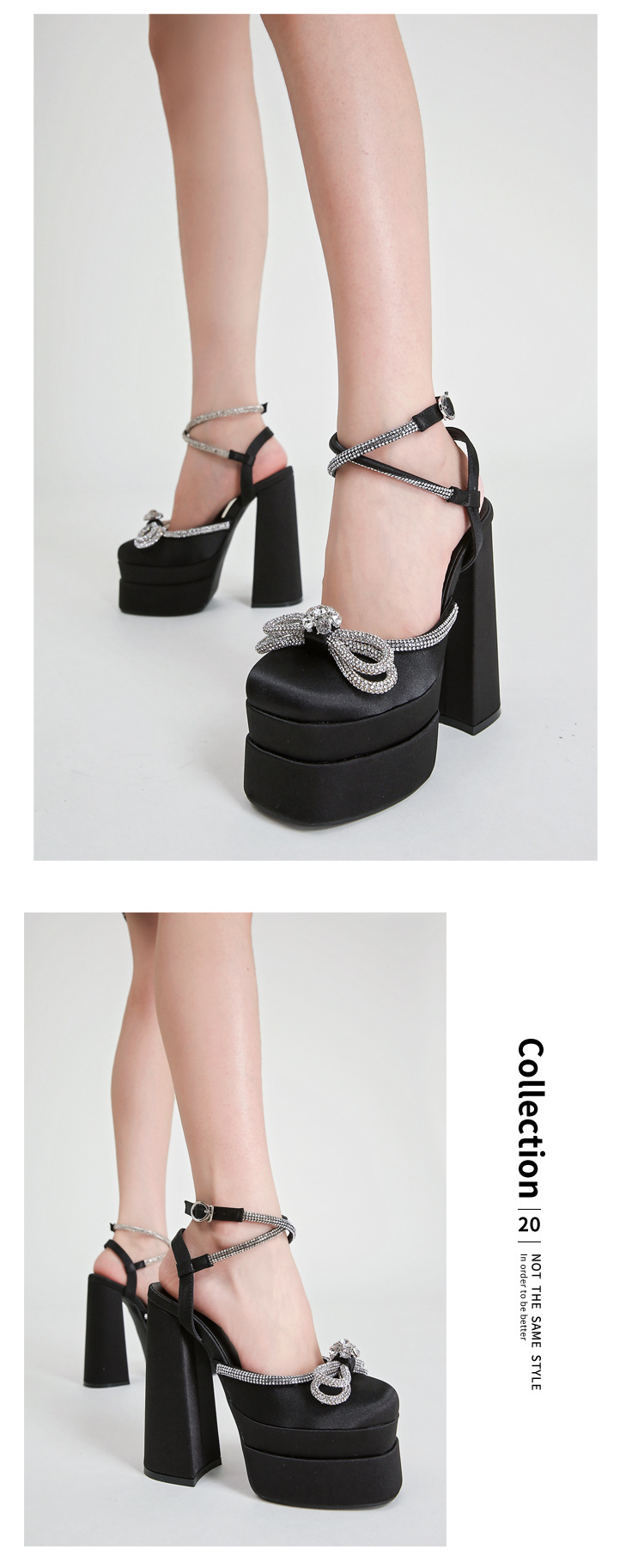 Giày sandal cao gót nữ đính đá dây đeo mắt cá chân, đế chống thấm nước, gót 9 cm — Màu đen chi tiết 4