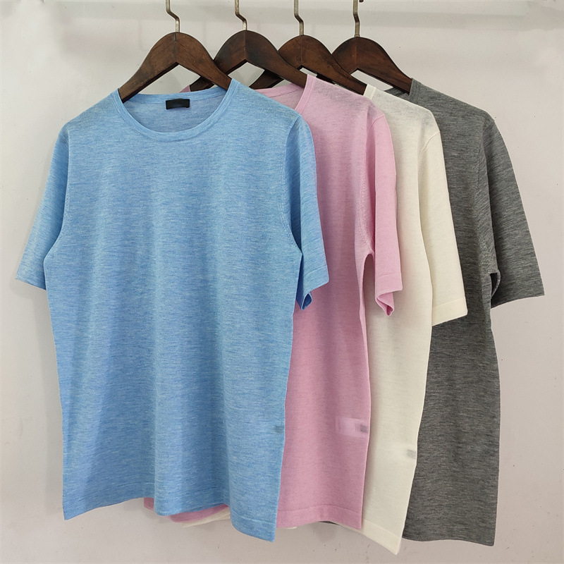 Town shop pure simple basic series 18 needle 80 worsted cashmere crew neck loose short sleeve commuter T women spring and summer