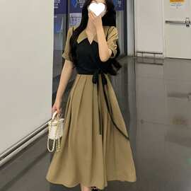 大码女装夏系带收腰马甲假两件娃娃领连衣裙