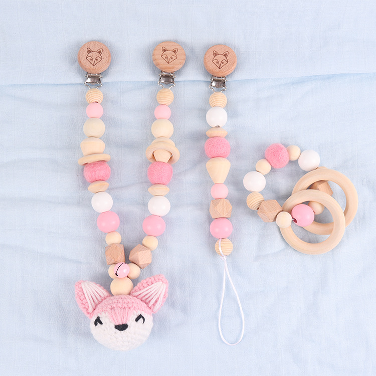New Cross-border Baby Stroller Chain Accessory Set of Three DIY Colorful Cartoon Fox Wooden Teether Nipple Chain