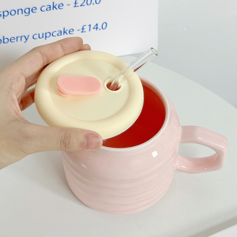 Hermosas tazas de paja de cerámica, tazas de oficina en el hogar con tazas de agua cubiertas, tazas de gran capacidad para niñas, tazas esmaltadas para hombres