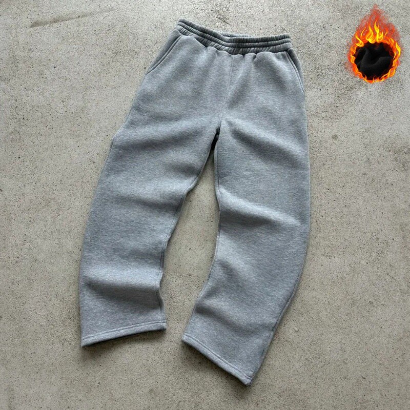 European and American Cross-Border Men's Straight-Leg Pants with Fleece, Black Drapey Wide-Leg Sweatpants, Unisex Warm Casual Sports Long Pants