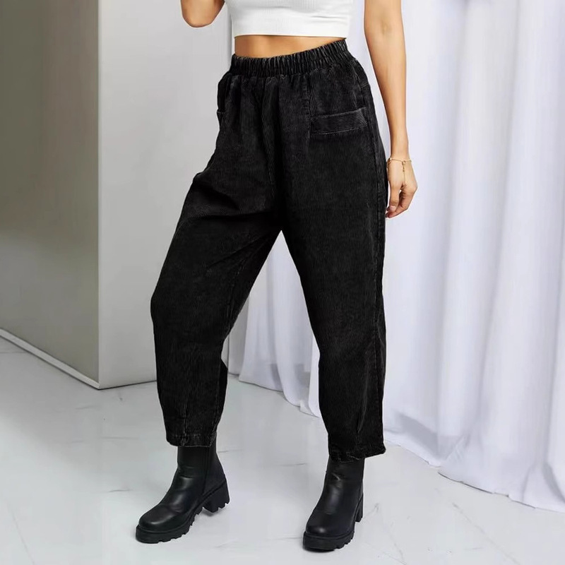European and American Cross-Border Amazon Popular Women's Corduroy Cropped Pants High-Waisted Elastic Tapered Ankle Pocket Cropped Pants