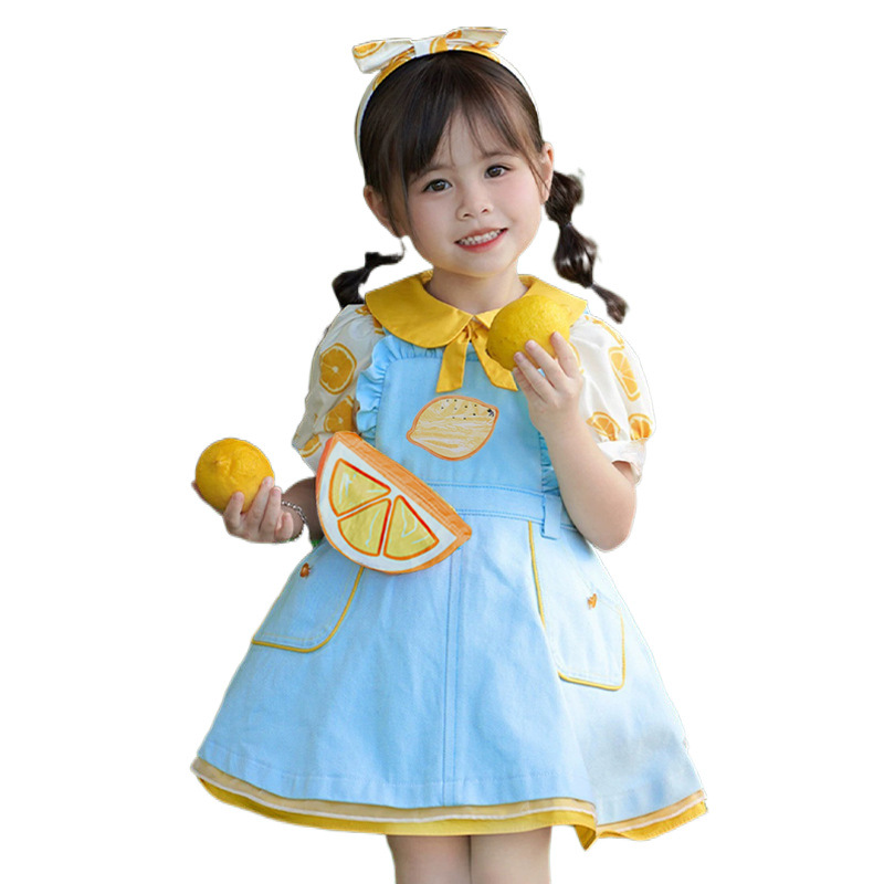 여름과 가을 작은 레몬 셔츠 서스펜더 스커트 공주 원피스 어린이 의류 새로운 외국 스타일의 긴 소매 세트 가을과 겨울 인테리어 벨