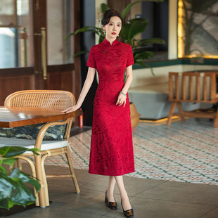 Red Cheongsam 2024 New Retro Middle-aged Mother Seven-point Sleeve Cheongsam Women's Spring and Summer New Chinese New Chinese Style