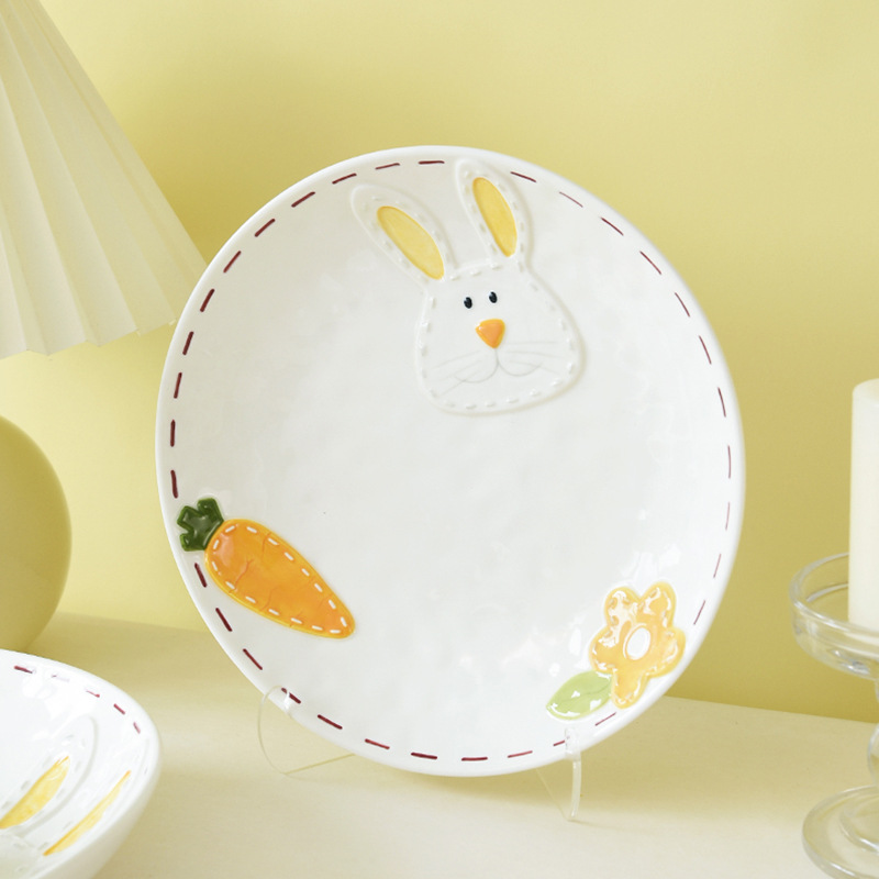 Lindo plato de conejo de dibujos animados, vajilla, plato casero, plato plano de comida occidental en relieve, plato de cerámica ceremonial para niños