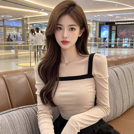 温柔风撞色方领打底衫上衣女2025年秋季新款气质修身显瘦内搭上衣