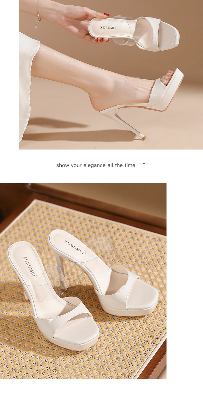 Sandal cao gót nữ mũi vuông quai trong suốt, đế platform, gót nhọn 9 cm — màu hồng nude chi tiết 7