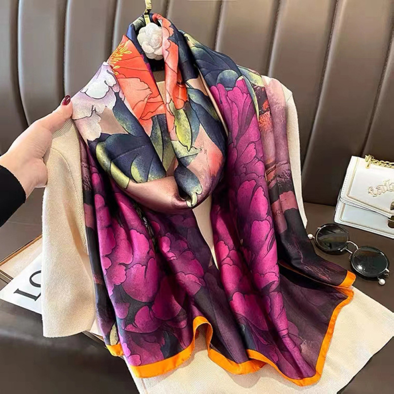 春夏薄款丝巾高级感印花长巾新款缎面旅游防晒纱巾民族风披肩|undefined