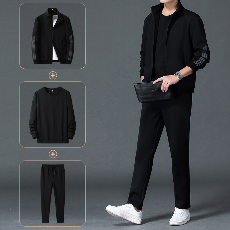 Conjunto deportivo para hombre M-8XL, estilo papá para primavera y otoño, chaqueta con cuello alto, pantalones rectos de talla grande, conjunto de tres piezas para hombre, sudadera informal.
