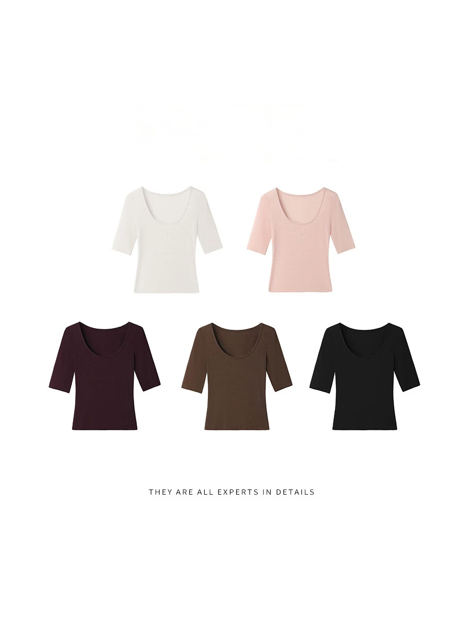 【Merino Wool Tencel】Women's Mid-Sleeve Top for Autumn, U-Neck Slim Fit Regular Shoulder Half-Sleeve T-Shirt Base Shirt