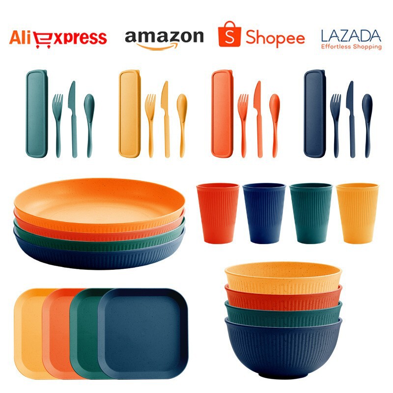 Cross-Border Vertical-Striped Wheat Straw Bowl, Plate, Cup, and Cutlery Set, Outdoor Portable Plate, Bowl, Cup, Knife, Fork, Spoon Tableware