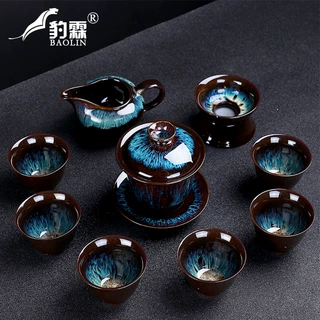 豹霖流金沙茶具套装家用钧窑陶瓷天目釉窑变功夫茶杯盖碗茶壶