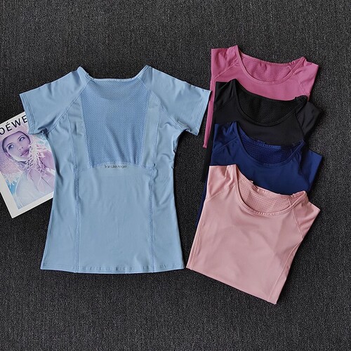 Summer Sports Short-Sleeve T-Shirt for Women, Mesh Sports Top, Quick-Drying Breathable Yoga Shirt, Fitted Elastic Training Running Fitness T-Shirt