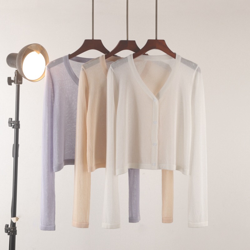 Thin Ice Silk Knitted Cardigan Women's Summer Sling Outer Short Jacket Small Shawl Long Sleeve Sunscreen Top for Skirt