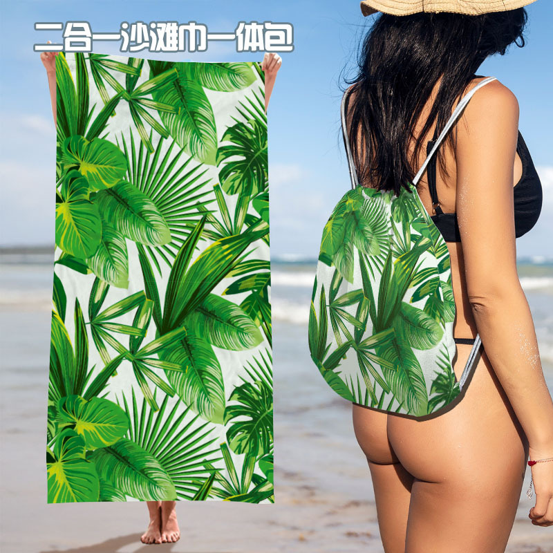 Cross-border 2-in-1 beach towel backpack, printed microfiber bath towel, portable foldable double-shoulder storage bag, customizable