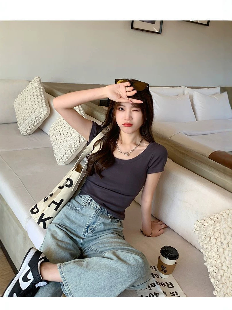 Basic Short Pure Desire Style Right-Shoulder Short-Sleeve T-Shirt for Women, Summer 2026 New Slim-Fit Solid Color Round Neck Versatile Top