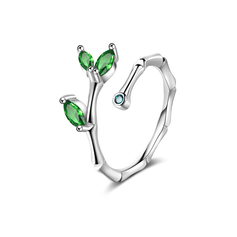 Anillo bambú verde mujer, diseño simple, hoja fresca, apertura ajustable