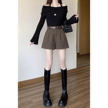 大码胖mm咖色毛呢阔腿裤子女春秋新款小个子a字短裤外穿靴裤裙裤