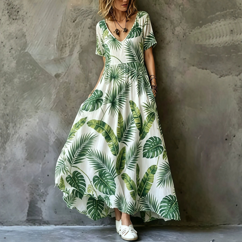 Fresh Tropical Green Plant Print Dress, Relaxed Fit, V-Neck, Short Sleeves, Long Flared Beach Dress Fresh Tropical Green Plant Print Dress, Relaxed Fit, V-Neck, Short Sleeves, Long Flared Beach Dress