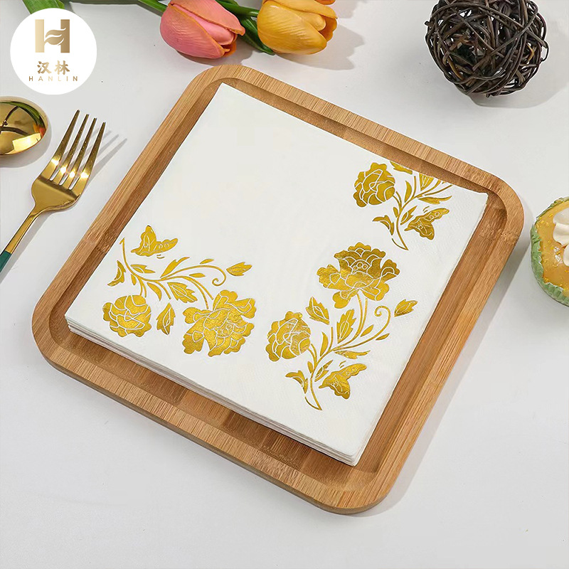Servilletas Desechables Estampadas de Peonía de Pulpa de Madera Natural con Detalles Dorados para Fiestas y Eventos