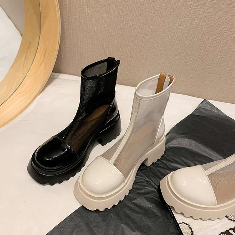 Boot ngắn nữ da thật vải lưới cao gót 6cm mùa hè phong cách Anh thoáng khí — Màu đen, Trắng be chi tiết 112