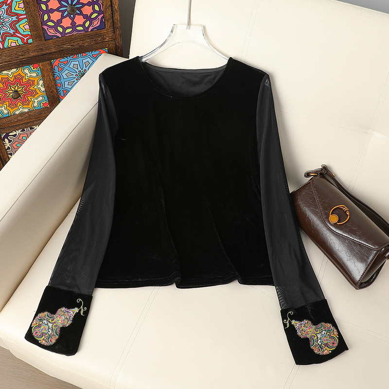 Wholesale Autumn Round Neck Spliced Velvet Heavy Embroidery Gourd Mesh Long-Sleeved T-Shirt Vest Bottoming Shirt Inner Wear Wholesale Autumn Round Neck Spliced Velvet Heavy Embroidery Gourd Mesh Long-Sleeved T-Shirt Vest Bottoming Shirt Inner Wear