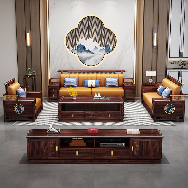 New Chinese-style light luxury high-end black wood solid wood sofa set living room villa storage furniture for small and large households sofa