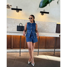 2025夏季欧美时尚套装跨境亚马逊外贸现货代发无袖牛仔短裤两件套