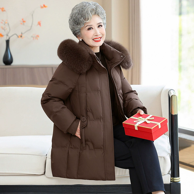 Пожилой пуховик женский средний и длинный мама зимняя одежда 2024 новый толстый большой размер пожилая бабушка жакет