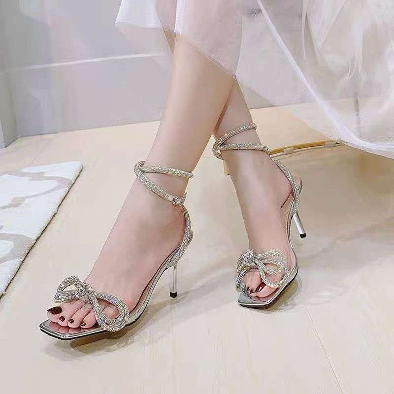 Bow Square Toe Rhinestone High Heels Real Soft Leather Niche Sandals Women's Stiletto Heels 2025 Summer Strap Diamonds