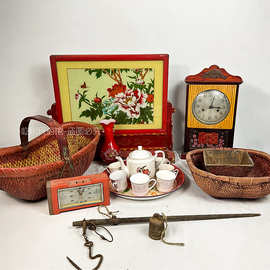 民俗老物件结婚插屏老花瓶搪瓷茶具米斗鸡蛋篮子复古婚嫁装饰摆件