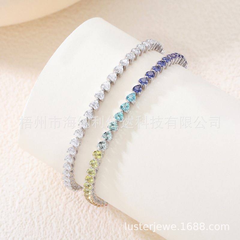 Ins Influencer Style Layered Luxury High-End 3mm Heart-Shaped Lab-Grown Sapphire Rainbow 925 Silver Tennis Bracelet