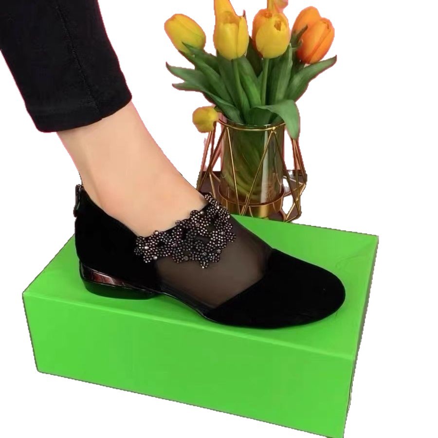 Versión coreana de comercio exterior de gran tamaño malla de tacón grueso zapatos individuales transpirables mujer 2022 nueva malla hueca diamantes de imitación sandalias Baotou