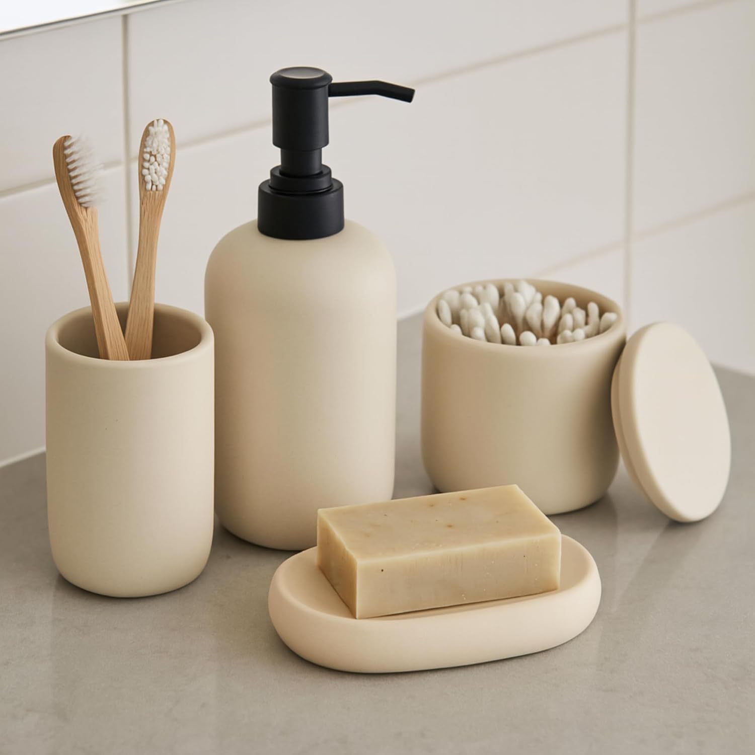 Accesorios de baño de cerámica nórdica moderna de cuatro piezas, caja de jabón de color neutro, set de lavado de jabón image 3