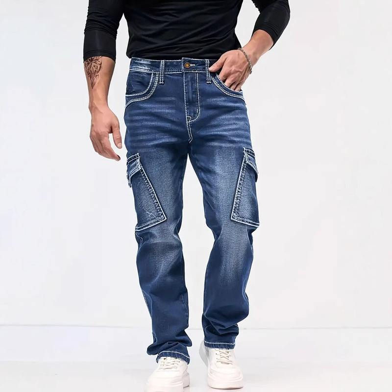 Cross-border Spring and Autumn Fashion Retro Multi-pocket Wide Jeans Code NZK Men's Loose Straight Denim Long