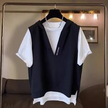 夏季日系特大码300斤假两件刺绣连帽短袖t恤男宽松学生百搭体恤潮