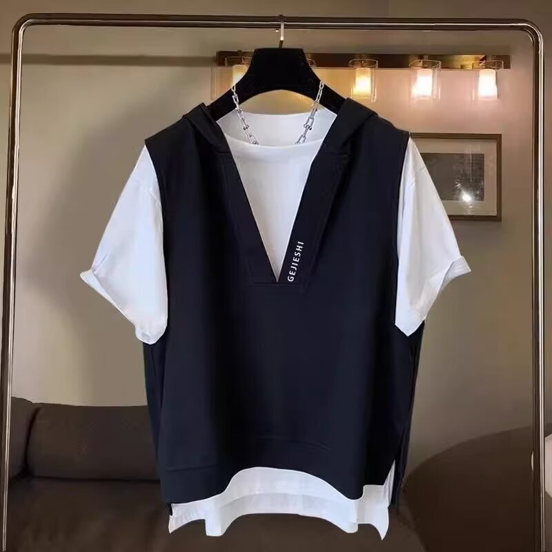 Summer Japanese extra large size 300kg fake two-piece embroidered hooded short sleeve T-shirt men's loose students all-match T-shirt tide