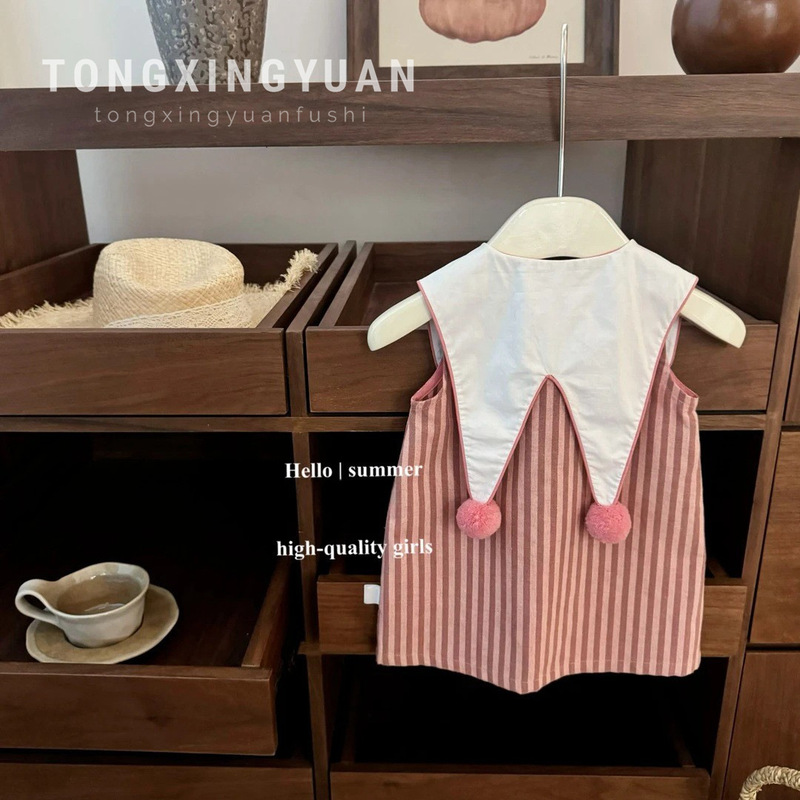 [Tong Xingyuan] Super cute! Baby Girl's Lapel Ball Striped Sleeveless dress Summer New College Dress