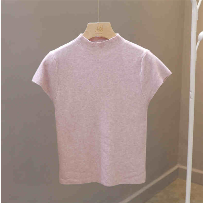 グレーの半高襟半袖tシャツの女性服の中に2025夏の新型のスリムな高級感のあるニットの底に…|undefined