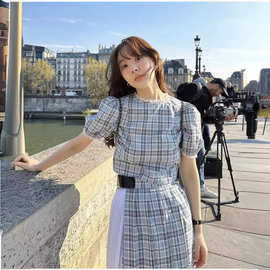 现货~Fletta韩国代购小众设计格子黑色蕾丝短袖百褶半身裙套装