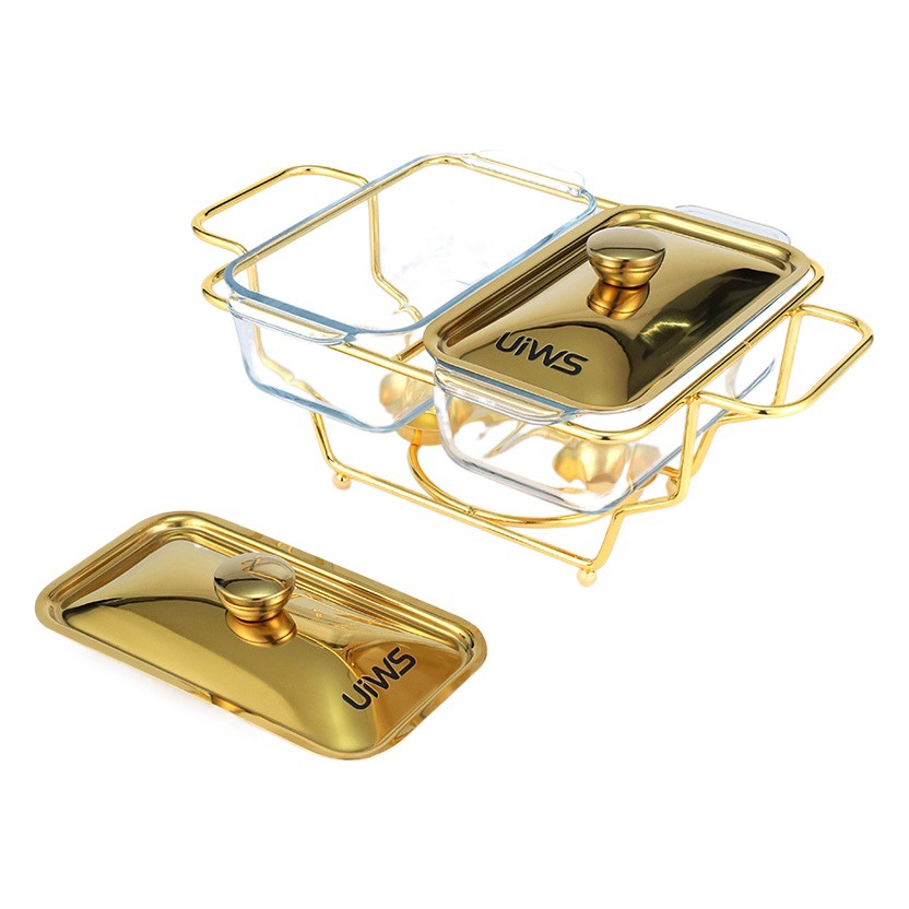 越境供給 ゴールド三層ガラス製バーベキューコンロ ホテルビュッフェ用アルコールコンロ 小型鍋加熱容器