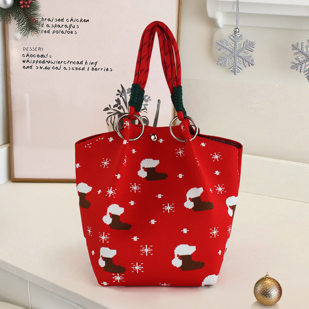 Christmas Jacquard Ring Handle Magnetic Snap Handle Top Handle Bag 11