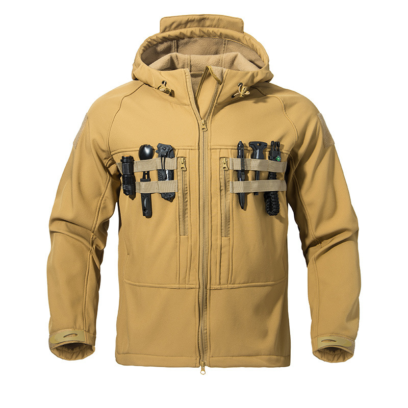 Men's Tactical Softshell Jacket with Hood, Outdoor Warm, Windproof, Waterproof, Mountaineering Jacket, Workwear Coat, Spring and Autumn Style