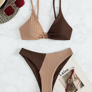 2024 New Swimsuit Split Color Bikini Cross-border Foreign Trade Amazon Pit Strip Backless Bikini Swimsuit