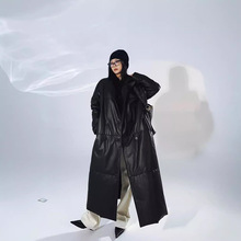 2025新款冬季鹅绒真皮羽绒服长款女西装领时尚真皮绵羊皮宽松外套